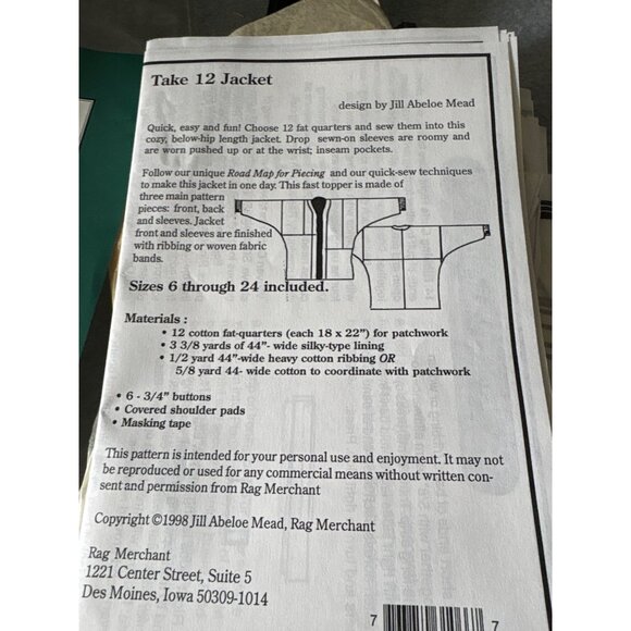 Take 12 Jacket Sewing Pattern By Rag Merchant Sizes 6-24 Includes Instructions F - Picture 3 of 6